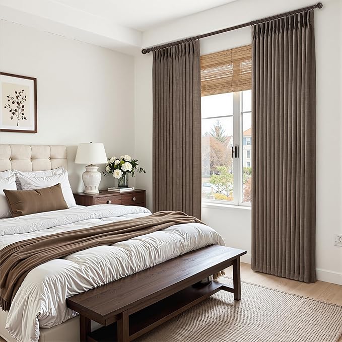 Extra Long 120 Inch Pinch Pleat Dark Brown Curtains for Living Room, Blackout Memory Trained Soundproof Flax Linen High Ceiling Luxury Windows Curtain Insulated 10FT Length Large Drapes 2 Panels Set