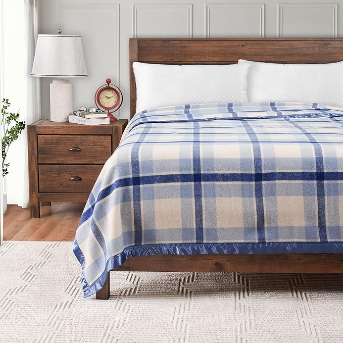 Creswick Woollen Mills 100% Australian Merino Wool Blanket – Soft Warm and Natural with Satin Binding, Breathable Luxury Bedding for All Seasons, (Blue Plaid, Twin Size)