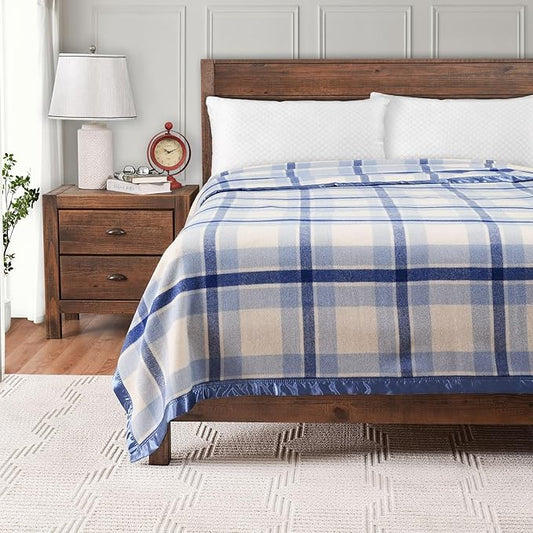 Creswick Woollen Mills 100% Australian Merino Wool Blanket – Soft Warm and Natural with Satin Binding, Breathable Luxury Bedding for All Seasons, (Blue Plaid, Throw)