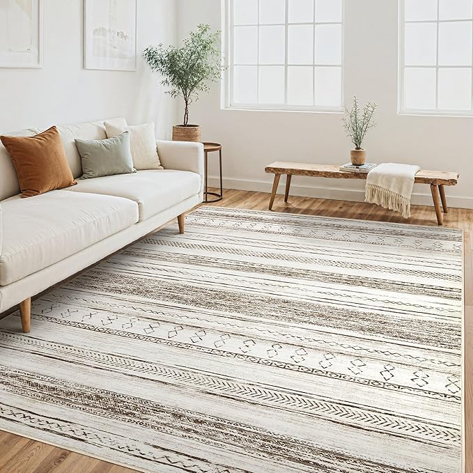 Tortania Area Rug Living Room Rugs - 5x8 Washable Large Soft Neutral Boho Moroccan Bohemian Farmhouse Rug Indoor Floor Carpet for Bedroom Under Dining Table Home Office Decor - Cream Brown