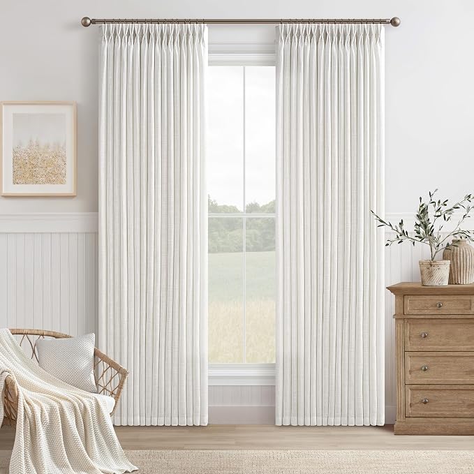 Pleated Semi Sheer Linen Curtains 108 Inches Long 2 Panels Beige White Floor Ceiling Double Pinch Pleat Back Tab Boho Light Filtering 9FT for Large Window Office Living Room Bedroom Aesthetic Decor