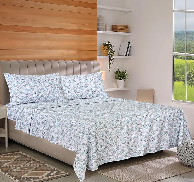 RUVANTI 100% Cotton Organic Percale Sheets Cal King Size – Crisp Cooling Bed Sheets for Hot Sleepers, Deep Pocket 13”, Soft Peach Finish, Breathable & Durable Hotel-Style 4 Pcs, Cold Chrysanthemum