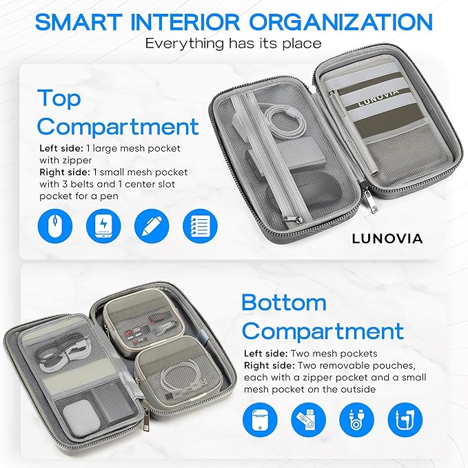 Mid-Size Tech Organizer with Removable Pouches – Hard Shell Travel Case for Cables, Chargers & Accessories | Electronics Organizer for Travel