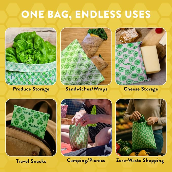 BeeBAGZ - Assorted 3 Pack - Beeswax Wrap Storage Bag - Plastic and Silicone Free - Reusable Beeswax Food Wrap Bags- 2 Sizes (Lunch Pack, 2 Small + 1 Medium, (Multicolor)