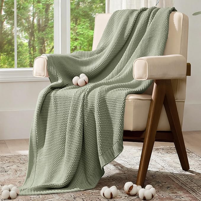 100% Cotton Cable Knit Throw Blanket, Lightweight Soft Knit Blanket for Sofa Couch Bed, Breathable All-Season Throw, Cozy Decorative Blanket, 50 x 60 Inch,Sage