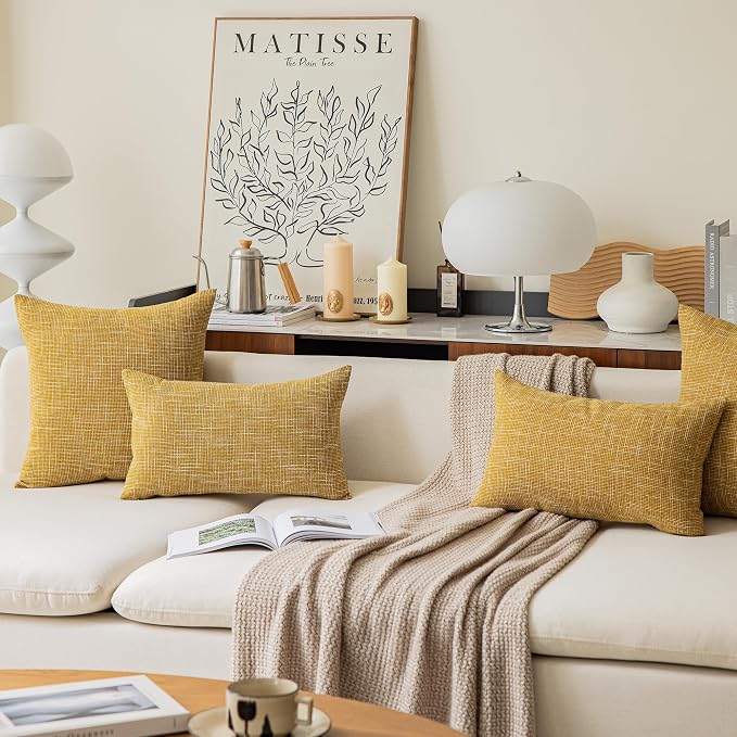 Kevin Textile Throw Cushion Cover Faux Linen Home Decorative Hand Made Pillow Cases for Sofa Use, 16"x16"(2 Pieces, Honey Yellow)