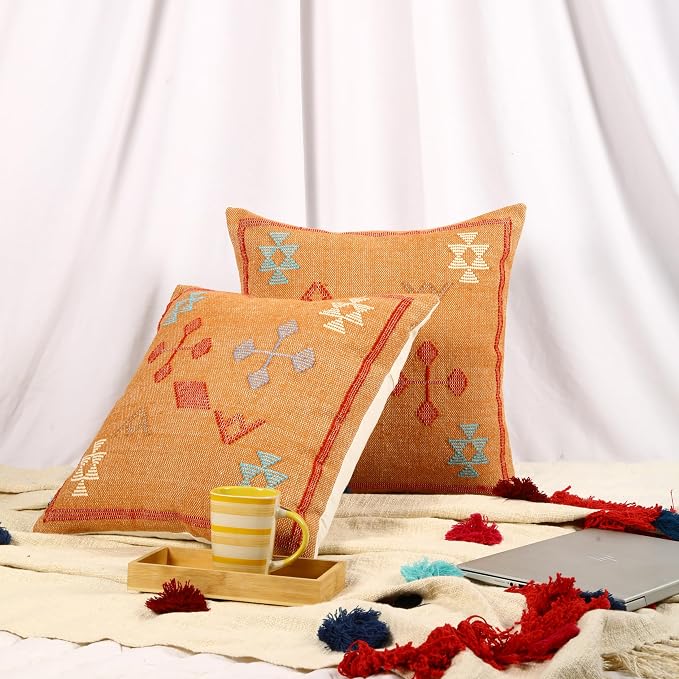 Trade Star 100% Cotton Handwoven Pillowcases Throw Pillow Covers Handloomed Decorative Cushion case Designer Square Pillow Shams 18x18 Inches Set of 2 Designer Cushion Covers