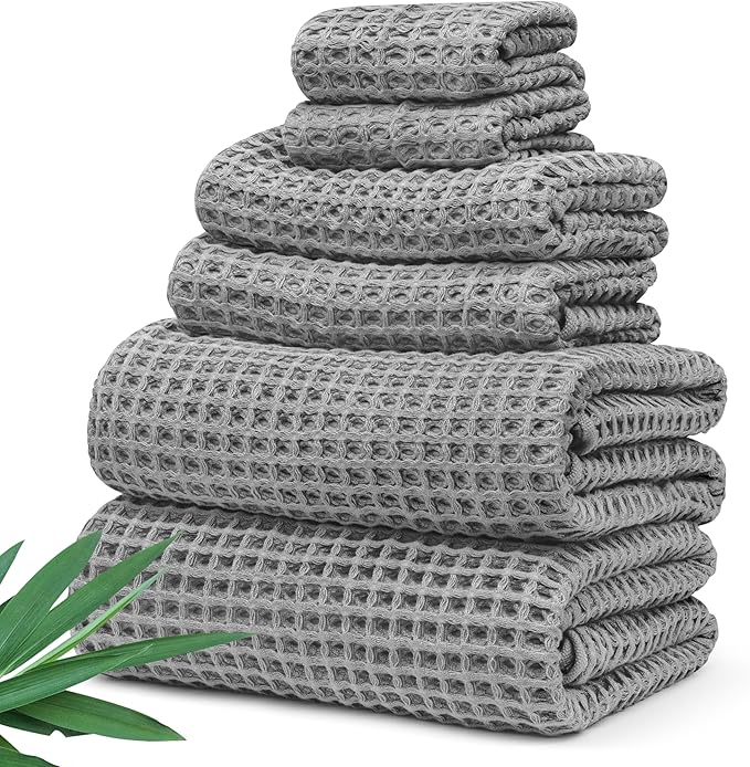 Alusa Home Ultra Soft Viscose from Bamboo Waffle Towels - Lightweight Bath Towel Set of 6 - Compact, Quick Dry & Lint Free (Pewter Grey)