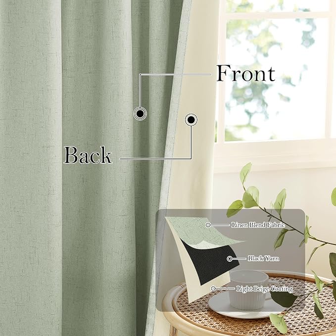 RYB HOME 100% Blackout Sage Green Linen Curtains, Light & Heat Blocking Thermal Privacy Protection Neutral Window Drapes for Living Room Bedroom, 52" W x 90" L, 2 Panels Set