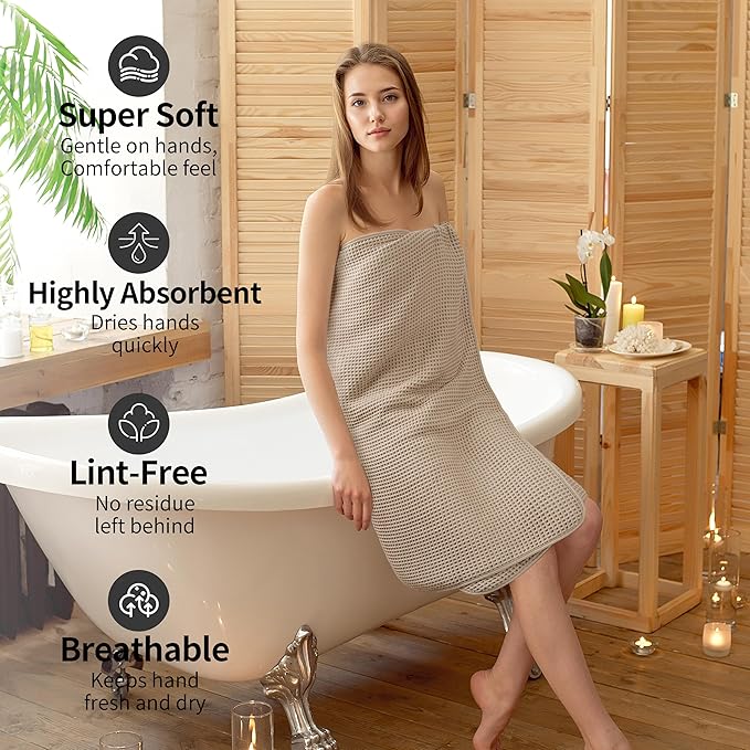 MICROFI New Microfiber Waffle Bath Towels, 2 Pieces, Soft, Absorbent, Fast Drying, Lint Free 430 GSM (Beige+Silver)