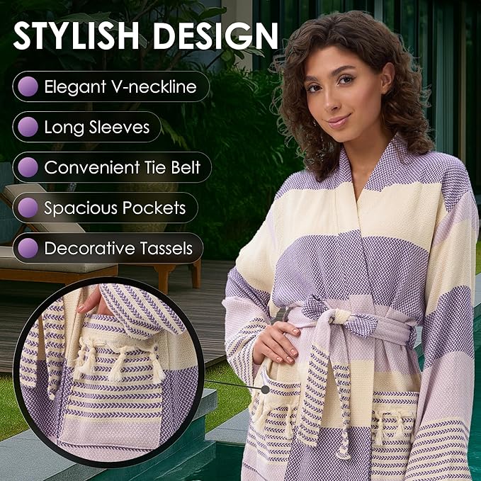 ATANI 100% Turkish Cotton Bathrobe S-XXL for Women & Men – Peshtemal Style Soft Cozy Lounge Robe, Absorbent & Lightweight