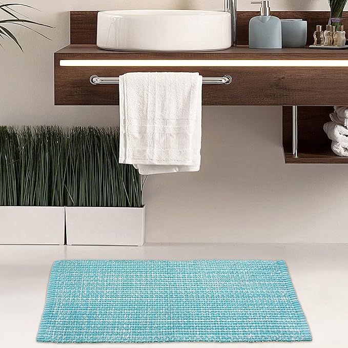 Chardin home Cotton Washable Rug Turquoise and White | 21x34 Bathroom Kitchen entryway | Reversible Handwoven Rug Machine Washable.