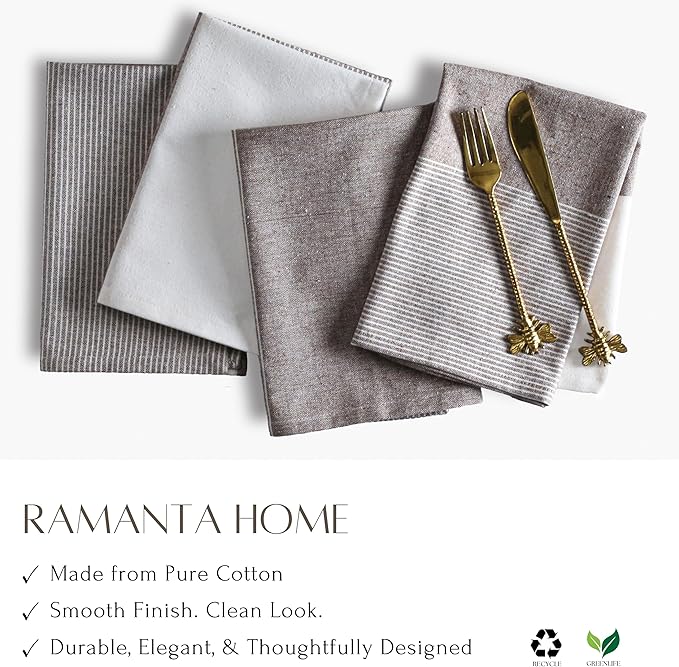 Ramanta Home Cloth Napkins Set of 4 18x18 Inches - Spring Basket Decor Block Striped Dinner Napkins for Easter Farmhouse Wedding, Washable Soft Cotton Durable Table Linen -Everyday Use - Nut Brown