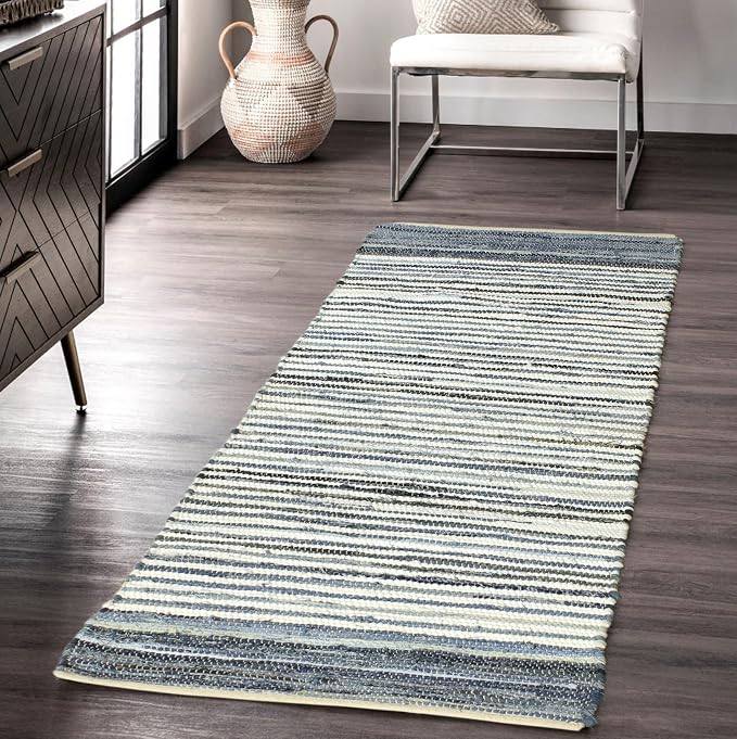 Handmade Cotton Chindi Rug Runner Area Rag Washable Recycled Denim Rugs for Home Décor, Living Room and Bedroom (Blue, 2X8 Feet)