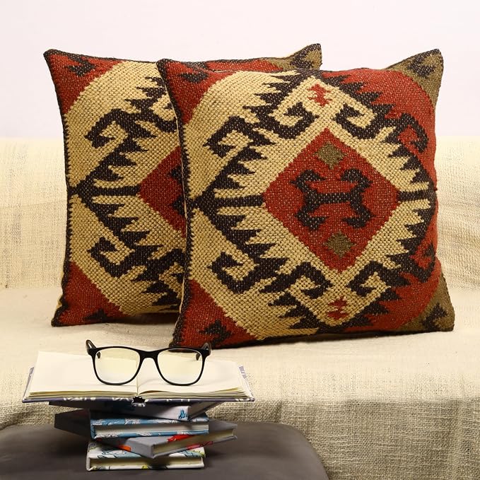 Trade Star Handwoven Rug Decorative Pillowcase Kilim Cushion Cover Set of 2 Throw Pillow Cover 70% Jute 30% Wool Pillow Shams 18x18 Inches Decorative Designer Cushion Cover (Kilim 5)
