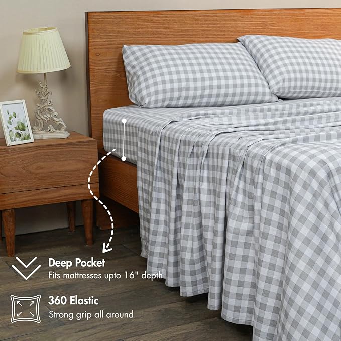 RUVANTI Flannel Sheets Queen Size - GOTS Certified 100% Organic Cotton, 4 Piece Warm, Soft & Breathable Set, Deep Pocket Snug Fit, Double Brushed Cozy All Season Bedding, Open Gingham