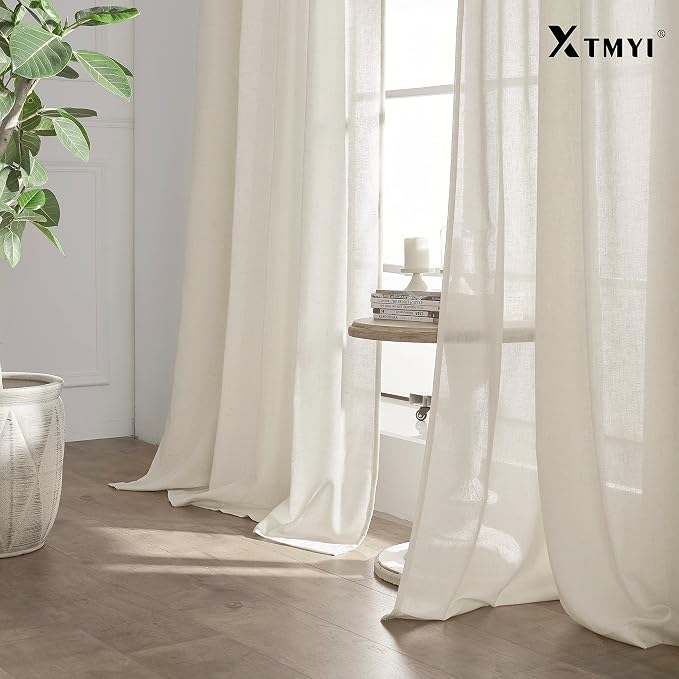 Linen Cotton Curtains for Living Room, Cream Off White Natural Fabric Light Filtering Semi Sheer Curtains 84 Inches Long, Ivory Pleated Farmhouse Curtain Drapes 84 Inch Length 2 Panels Set Dining Room