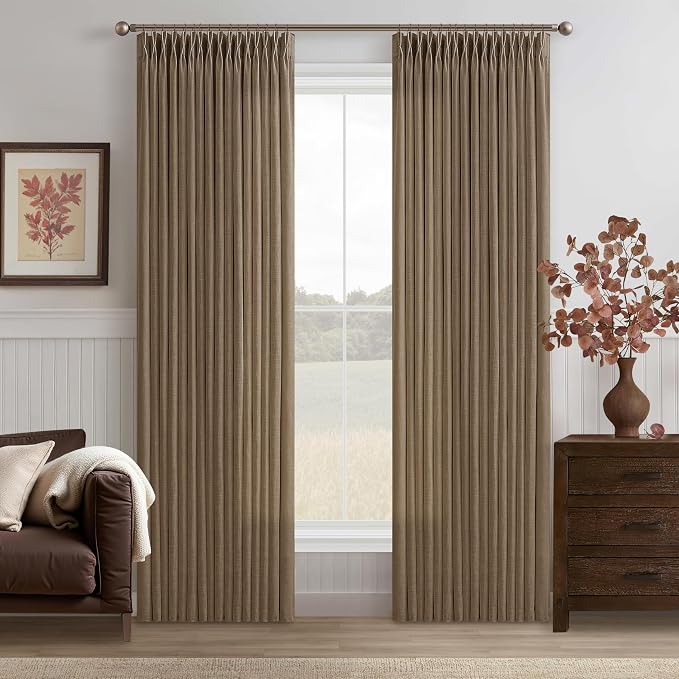 Dark Brown Pinch Pleated Linen Curtains 84 Inches Long 2 Panels Set for Dining Living Room Bedroom 50 Inch Wide Bohemian Light Filtering Back Tab Drapes with Hooks Farmhouse Window Curtain Panels