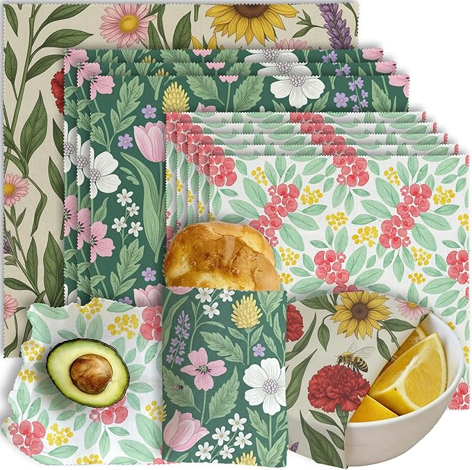 Reusable Beeswax Wraps, 9 Pack Eco-Friendly Food Storage, Organic, Sustainable, Zero Waste, Plastic-Free, Sandwich, Bowl, Bread, Fruit, 1XL, 3M, 5S, Mixed Garden Flowers Pattern