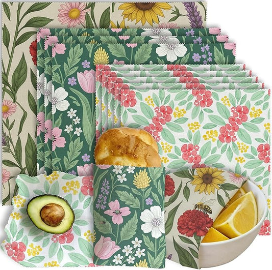 Reusable Beeswax Wraps, 9 Pack Eco-Friendly Food Storage, Organic, Sustainable, Zero Waste, Plastic-Free, Sandwich, Bowl, Bread, Fruit, 1XL, 3M, 5S, Mixed Garden Flowers Pattern