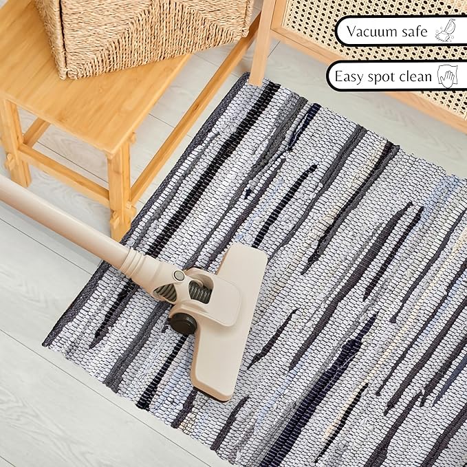 Ramanta Home 100% Cotton Chindi Rag Rug 2'x3' - Charcoal, Recycled Reversible Rug, Boho Rustic Farmhouse Rugs for Living Room, Kitchen, Entryway, Bedroom Floor Mats - 24"x36"