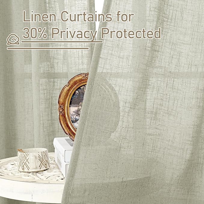 LAMIT 95 Inches Long Sage Grey Linen Curtains for Living Room, Back Tab and Rod Pocket Semi Sheer Curtains Light Filtering Farmhouse Drapes for Bedroom/Dining Room, Set of 2, 52 x 95 Inch