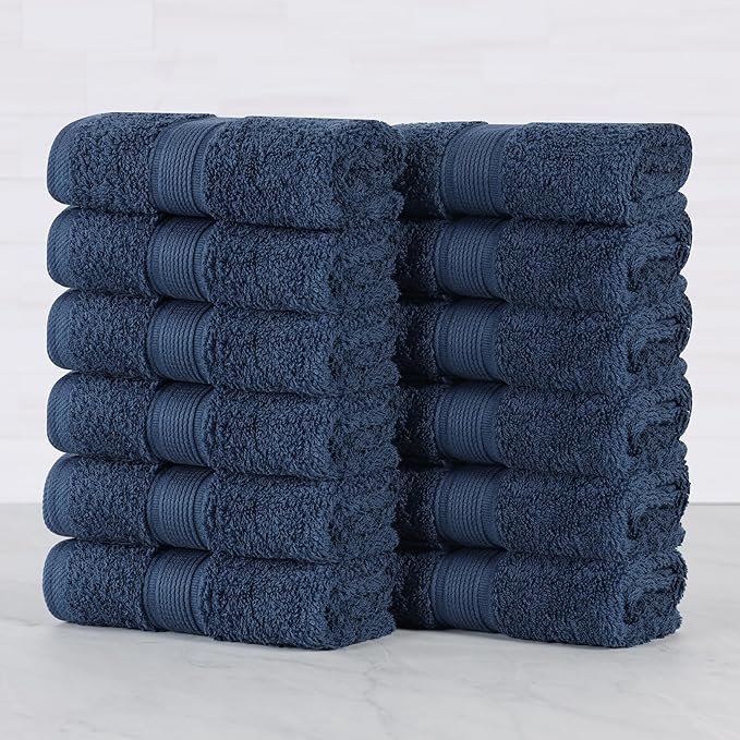 Superior 100% Organic Cotton Face Towel/Washcloth Set of 12, Daily Use for Bathroom, Guest Bath, Quick Dry Small Towels, Face, Hand, Gym, Spa, Hotel, Absorbent, Oregon Collection, Navy Blue