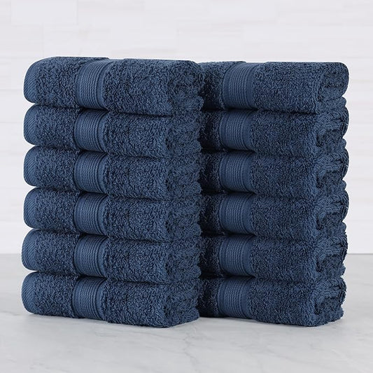 Superior 100% Organic Cotton Face Towel/Washcloth Set of 12, Daily Use for Bathroom, Guest Bath, Quick Dry Small Towels, Face, Hand, Gym, Spa, Hotel, Absorbent, Oregon Collection, Navy Blue