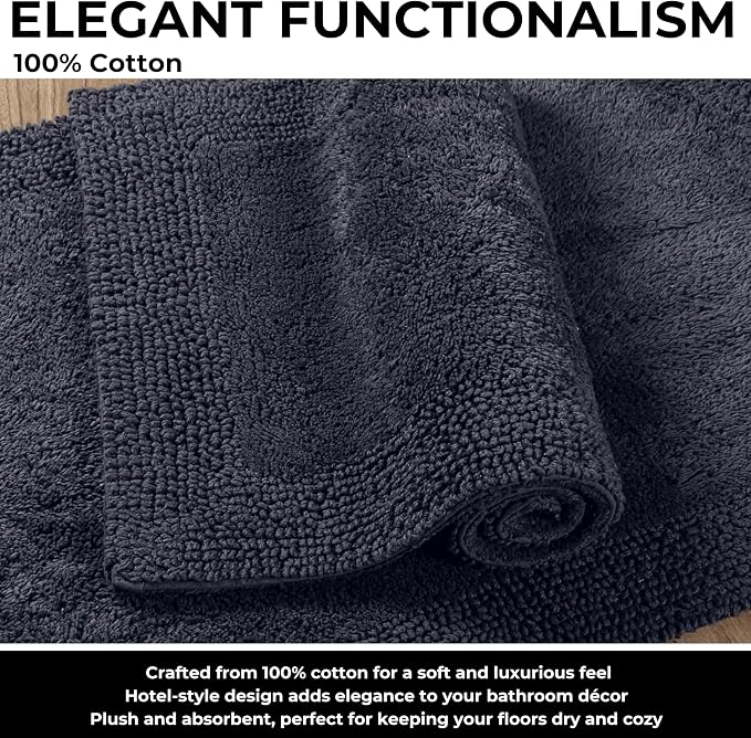 Bedding Craft 100% Cotton Bath Mat - Soft Hotel-Style Rectangular Bathroom Floor Rug - Plush, Water Absorbent Cloth Bathmat for Outside Bathtub/Shower, Machine Washable Cotton Bath Rug 21x34 Dk Grey