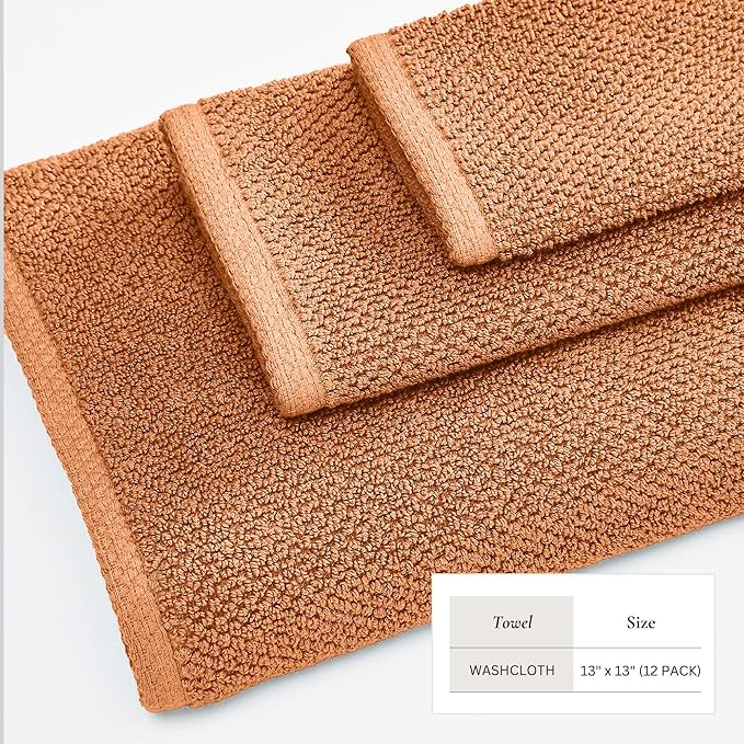 Great Bay Home 100% Cotton 12-Pack 13x13 Wash Cloth - Absorbent, Quick-Drying, Durable Face Towels for Bathroom Decor - Low-Twist, Two-Ply Fibers (Clay)