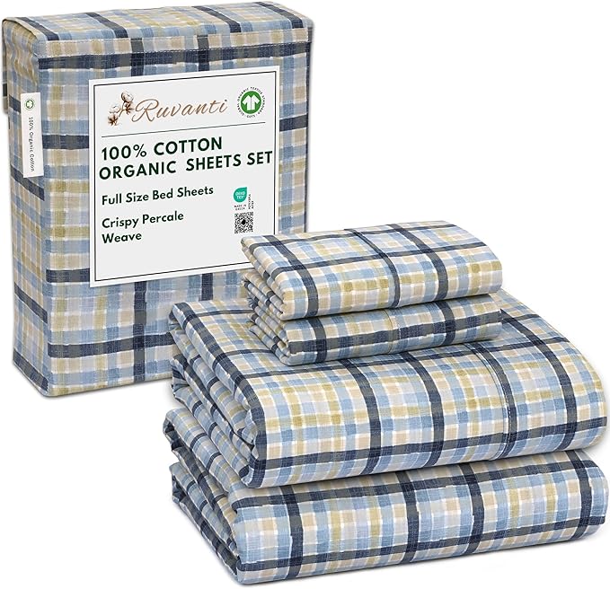 RUVANTI 100% Cotton Organic Percale Sheets Full Size – Crisp Cooling Bed Sheets for Hot Sleepers, Deep Pocket 15”, Soft Peach Finish, Breathable & Durable Hotel-Style 4 Pcs, Pastel Print