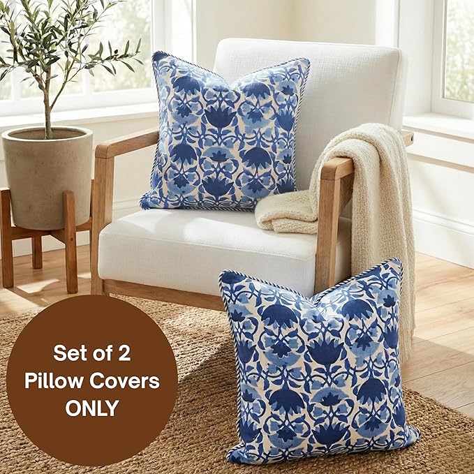 ATOSII Block Print Throw Pillow Covers, 20" X 20" - Set of 2, Decorative Couch Pillows for Living Room Bed Sofa, 100% Cotton Canvas Pillow Case for Home Decor & Outdoors, Preppy Throws - Positano Blue