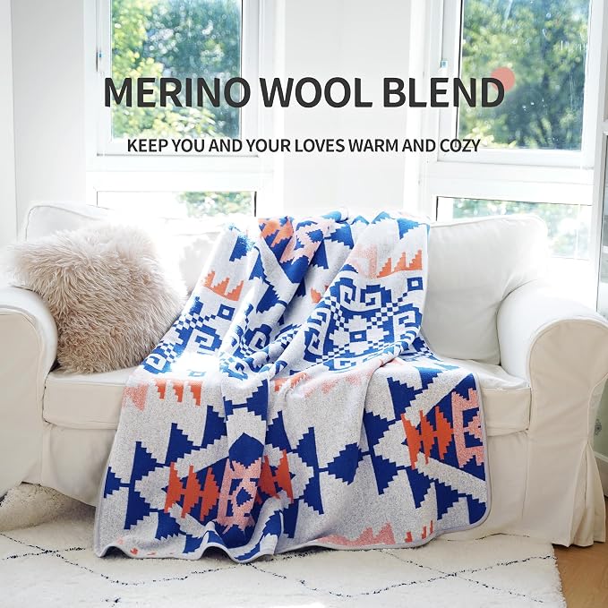 ACUSHLA Merino Wool Blanket - Soft Warm Thick Bed Couch Outdoor Camp Travel Car Blanket Throw All Weather, Aztec Style Indian Grey 63" x 51"