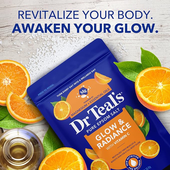Dr Teal's Pure Epsom Magnesium Salt Soak, Glow & Radiance with Vitamin C & Citrus Essential Oils, 3 lbs