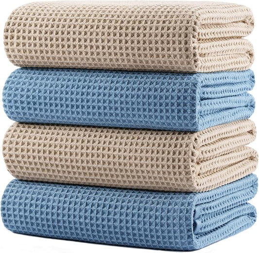 POLYTE 430 GSM Microfiber Oversize Quick Dry Lint Free Bath Towel, 60 x 30 in, 4 Pack (Waffle Weave)