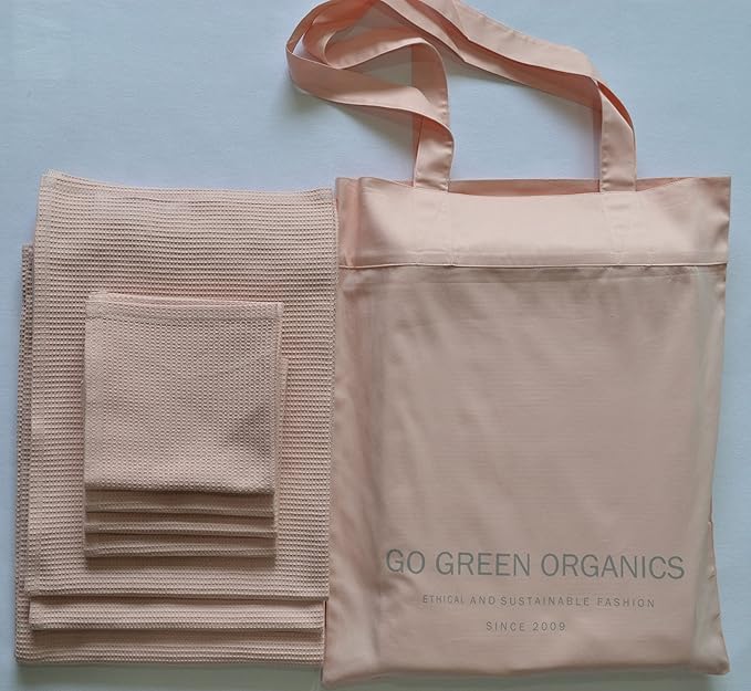 Waffle Bath Towel Set Organic Cotton GOTS Certified Pearl Blush Super ABSORBANT & Quick Dry NO SOFTENERS Environment Friendly 1xBATH 58x30.5, 2xHAND 29x20, 4xFACE 12x12INCH
