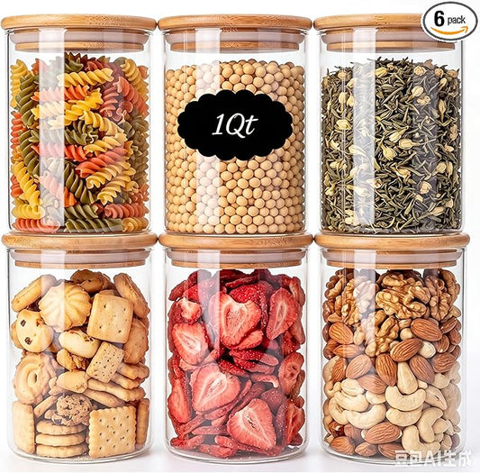 6-Pack 1Qt Round Glass Storage Jars with Bamboo Lids, Pantry Storage Containers for Neat Organization, Ideal for Minimalist Kitchen Organizer, Nut, Coffee Beans, Oats, Cookie, Candy, Tea