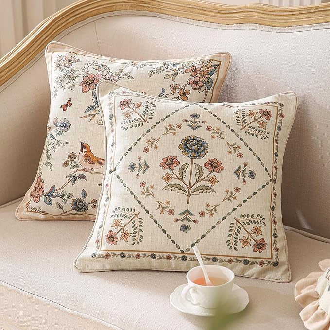 ISAENNE Design Square Floral Linen Throw Pillow Covers 18"x18" Pack of 2, Yellow Pink Flower Pattern Cushion Covers Decor Pillowcases for Bed,Living Room,Outdoor,Car