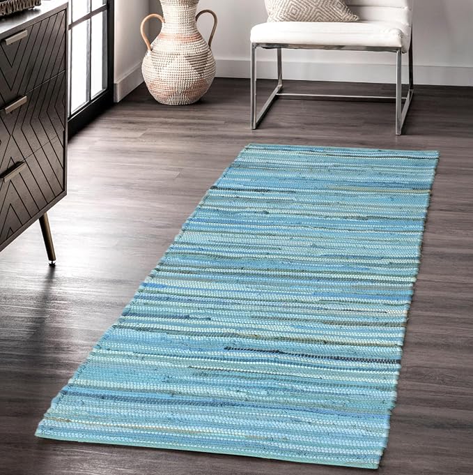 Handmade Cotton Chindi Rug Runner Area Rag Washable Recycled Rugs for Home Décor, Living Room and Bedroom (Teal, 2X6 Feet)