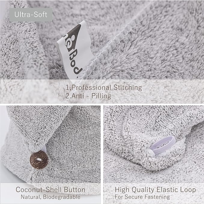 myHomeBody Hair Towel Wrap, Quick Drying Turban, Absorbent Cap – 2 Pack | Hair Turban Towel for wet hair, Ultra Soft Charcoal Fiber Cap, Towel Head Wrap for bathing with Coconut Shell Button