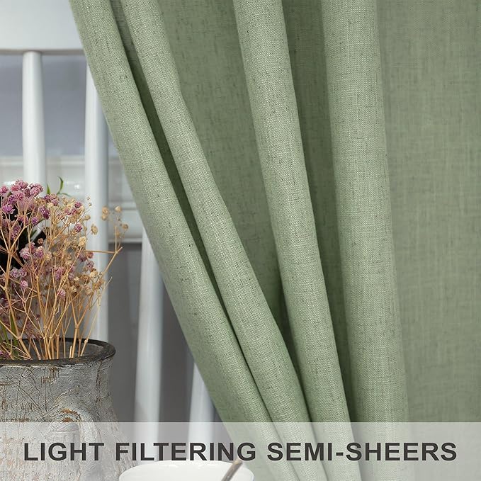 Sage Green Curtains 72 Inch Length for Bedroom 2 Panel Set Rod Pocket Back Tab Drapes Semi Sheer Light Reducing Linen Blend Woven Light Green Curtain for Living Room Dividing Closet Laundry 38X72 Long