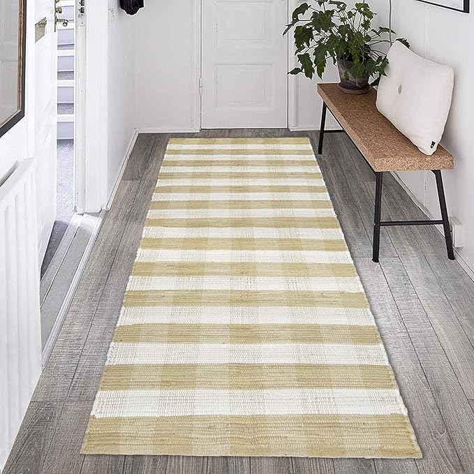 GLAMBURG Cotton Reversible Area Runner Rug 2' x 6' for Bedroom Living Room Kitchen Hallways Front Porch Laundry Room, Handwoven Farmhouse Floor Mat, Washable Checkered Plaid Runner Rug Beige Natural