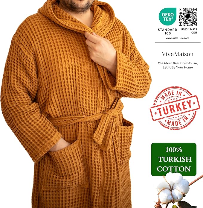 100% Turkish Cotton Men's Waffle Robe with Hooded, Premium Soft Cozy Housecoat or Quick-Dry Bathrobe for Mens