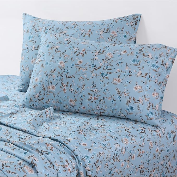 AZORES HOME Queen Organic Cotton Sateen Sheet Set - Deep Pocket, 300 Thread Count, 4-Piece Luxury Bedding, Carolina Blue