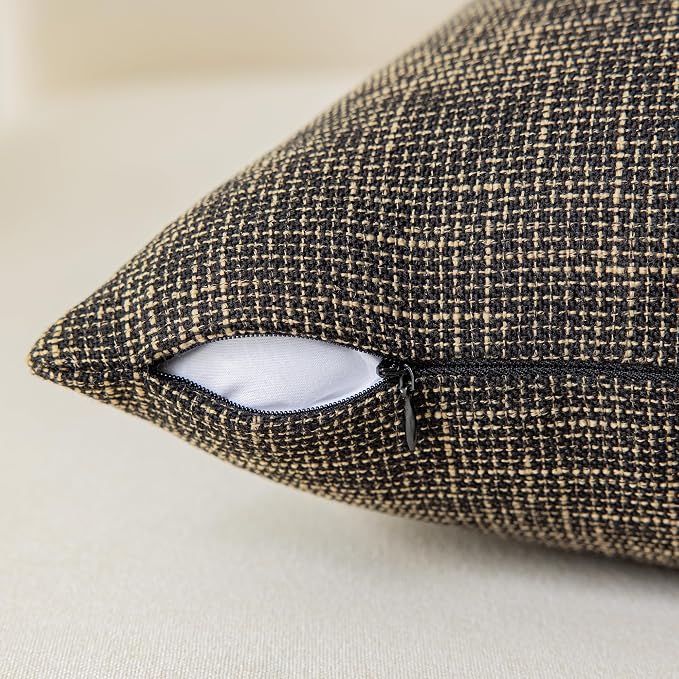 Kevin Textile Faux Linen Square 2 Tone Woven Fine Throw Pillow Sham Cushion Case Covers for Car/Couch Use, 18-inch(2 Packs, Black Gold)