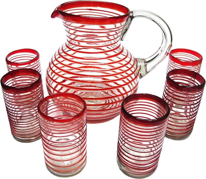Ruby Red Spiral 120 oz Pitcher and 6 Drinking Glasses set, Recycled Glass, Lead-free, Toxin-Free (Pitcher & Glasses)