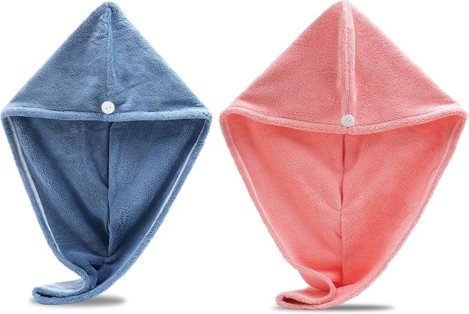 Microfiber Hair Towel Wrap, Super Absorbent Twist Turban Dry Hair Cap with Button Fasten