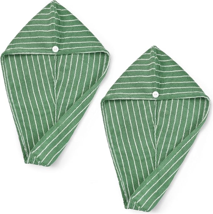 Jacquotha Cotton Hair Towels (Green Striped), 2 Pack Hair Turban | Soft Quick Dry Hair Wrap Towels for Women Long Curly Hair, Shower Bathroom Salon Spa Travel Pool, 25" x 9.5"