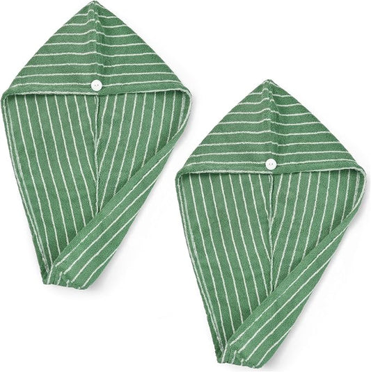 Jacquotha Cotton Hair Towels (Green Striped), 2 Pack Hair Turban | Soft Quick Dry Hair Wrap Towels for Women Long Curly Hair, Shower Bathroom Salon Spa Travel Pool, 25" x 9.5"