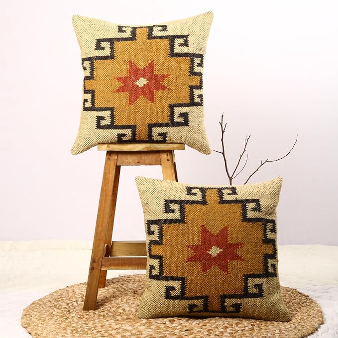 Trade Star Set of 2 Kilim Cushion Covers Handloomed Rug Decorative Cushion case 18x18 Inches Throw Pillow Cover Handwoven Pillowcase 70% Jute 30% Wool Pillow Shams (Kilim 10)